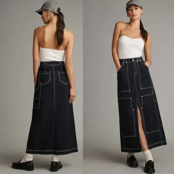 Anthropologie Pilcro Carpenter Denim Jean Maxi Skirt Dark Wash Blue 4 - Picture 1 of 10